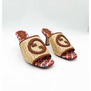 Gucci Mabel GG Logo Raffia Sandals Slip On Mules EU 39.5 US 9.5